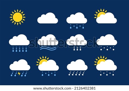 Weather icons. Season climate, precipitation rain and snow. Flat meteo report or forecast clipart elements. Sunny cloudy rainy utter symbols
