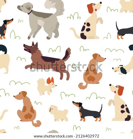 Cute dogs pattern. Animal seamless background, doodle trendy pets. Drawing cartoon puppy, nursery decorative wrapping decent print