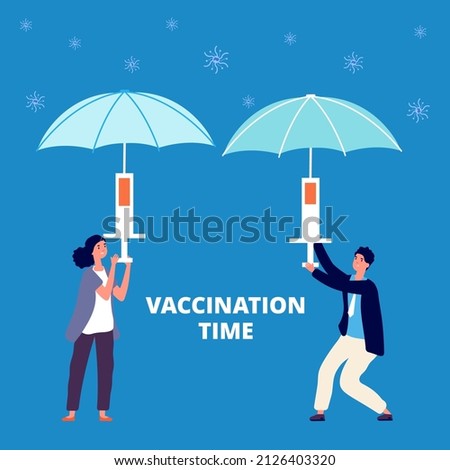 People treatment. Vaccination, virus prevention with new vaccine. Man woman holding syringe, injection for flu protection concept