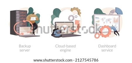 Information management abstract concept vector illustration set. Backup server, cloud based engine, dashboard service, virtual machine application, key performance metrics abstract metaphor.