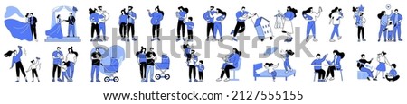 Linear vector isolated illustration set of Family lifestyle activity flat characters. Family maternity paternity leave, happy family, take care of baby, mother and newborn child, father with son.