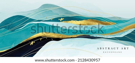 Elegante fondo de montaña abstracto. Papel acuático con líneas onduladas doradas, colinas, cielo y azul oscuro. Lujo en tonos azules para banner, mantas, arte en la pared, decoración casera e invitación.