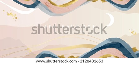 Elegant abstract mountain background. Watercolor wallpaper with gold wavy lines, hill, moon and blue color. Luxury in rose gold tone design for banner, covers, wall art, home decor and invitation.