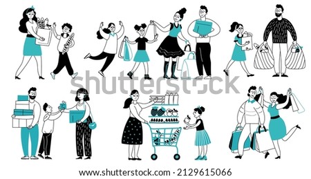 Family shopping. Consumer buy in supermarket, people running to shop. Women consume, shopper with cart buying decent goods characters