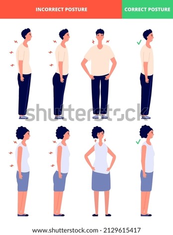 Correct incorrect postures. What we stand, posture alignment for man woman. Good standing poses for body spine, proper positions utter poster