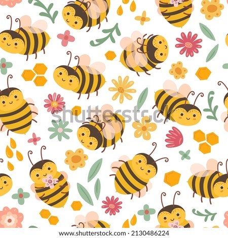 Cute bee pattern. Bees and flowers, cartoon flying insects. Art textile print, adorable spring summer floral exact seamless texture