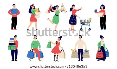 Flat people on shopping. Shop person, woman with present. Retail shoppers characters, in store with cart and man with purchase. Isolated cartoon buyer set