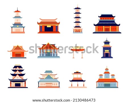 Asian style buildings. Chinese temple building, traditional pagoda architecture. Korean, japan oriental home. Ancient landmark utter set