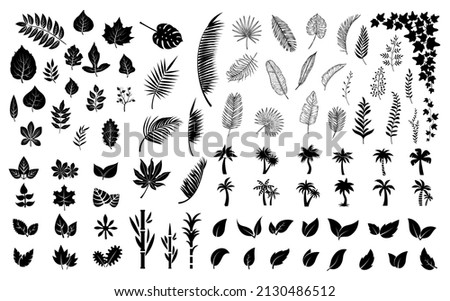 Leaves silhouettes. Black leaf, palm tree foliage. Isolated flat planting collection. Forest, exotic palms and ivy bundle