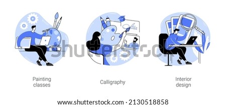 Creativity development isolated cartoon vector illustrations set. Painting classes, calligraphy and lettering, interior design online lessons, hand made masterclass, creative hobby vector cartoon.