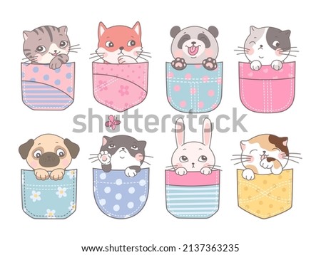 Cute pocket animal. Cartoon pockets kitten, dog and bunny. Happy friends for kids, adorable pets print. Funny nowaday panda, fox and cats vector kit