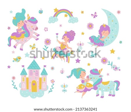 Little princess life. Cute princesses and castle, rainbow and moon. Cartoon fairy tale characters with unicorns. Magic t-shirt print, nowaday kids vector set