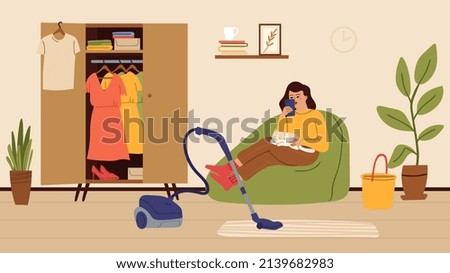 Woman addicted smartphone. Relax female character on chair. Housewife with cat on knees surfing phone, forget about cleaning in room illustration