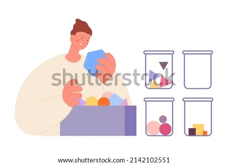 Man sorting geometric shapes. Time management and tasks distribution process. Guy hold hexagon and jars with circles, triangle and square, vector concept