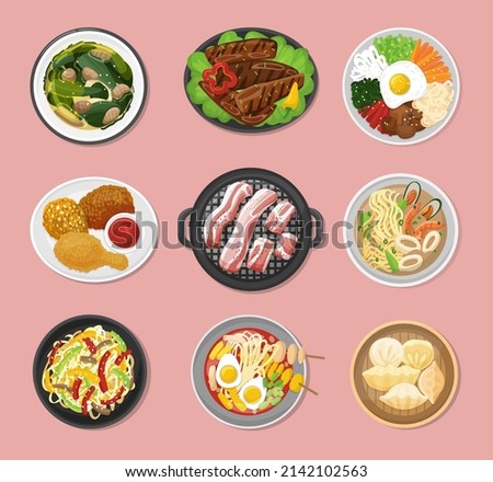 Korean food top view. Vegetarian dinner lunch, meal in bowl and plates. Asian bbq, traditional oriental kimchi soup and noodles, neoteric vector kit
