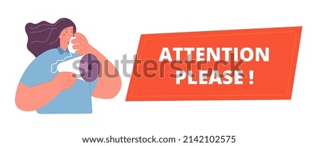Woman talk in megaphone, attention banner. Advertising and message, breaking news concept. Young girl marketing manager, vector character