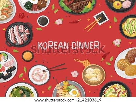 Korean dinner background. Top view asian barbeque, traditional buffet meal. Bbq, kimchi and soy sauce. Chinese japanese cuisine neoteric vector table banner
