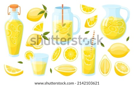 Cartoon lemonade. Lemon refreshing juice in glasses and jars. Refresh summer drinks with citrus pieces and mint in bottle or glass pitcher. Juicy neoteric vector clipart