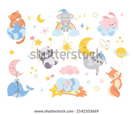 Cute sleeping animals. Cartoon sleep characters on moon and rainbow. Baby panda, rabbit on cloud and fox. Funny newborn shower party nowaday vector stickers