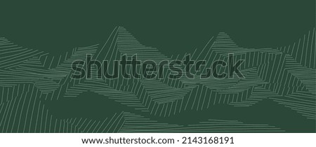 Abstract landscape mountain on Green background. Line art wallpaper design with hills in white wave line. Hand drawn panorama view of mountains suitable for cover, banner, decoration, poster.