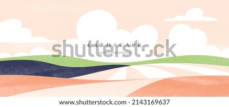 Abstract landscape background. Panorama view wallpaper in minimal style design with field, meadow, sky and cloud in pastel color. For prints, interiors, wall art, decoration, covers, and banners.