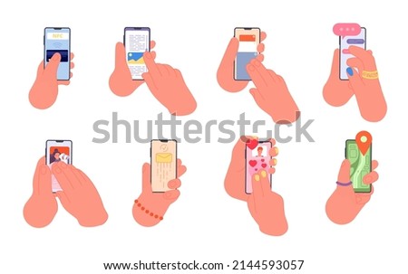 Hand hold smartphone. Different phone apps, people using mobile application. Contactless pay, social media and online dating utter set