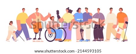Diverse people together. Portraits human group, disability inclusive in social life. Equal working rights, person on wheelchair. Community diversity utter concept