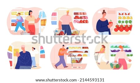 People in grocery store. Shopper buy bread, food products choice on market. Flat fresh fruits in supermarket, customer near shelves utter scenes
