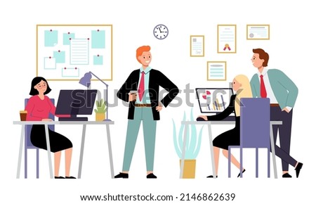 Office work process. Employee group working, colleague communicate. Comfortable coworking, meeting with boss. Decent business vector characters