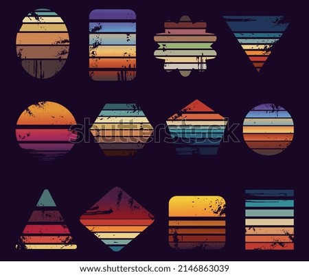 Sunrise vintage prints. Grunge sunset logo diverse shapes. Vintage california beach retro labels, 80s 90s surf beach t-shirt neoteric vector stickers