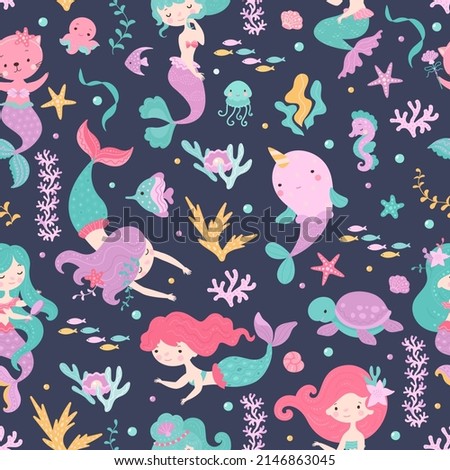 Mermaid seamless pattern. Narwhal and turtle, cartoon cat with fish tail. Cute sea creature, fabric print with beautiful mythical creatures, nowaday vector background