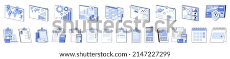 Linear vector isolated illustration set of visual data representation. Tax application form, online map and infographics, personal data protection, financial banking information, calendar planning.