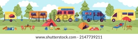 Forest summer vacation. Camping adventures landscape with campers and hiking elements. Spring travellers rest, picnic relaxation decent vector background