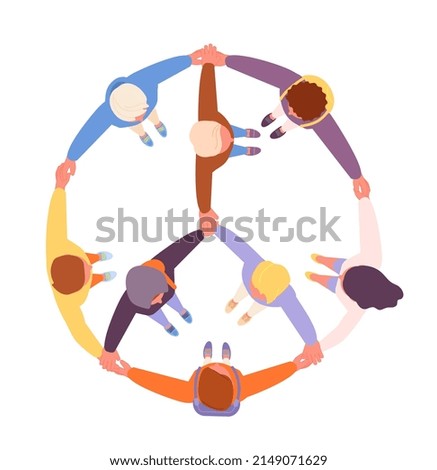 People in peace symbol. Hugging support circle, man lifestyle and cooperation. Friends teamwork or community group, modern diverse society, utter scene