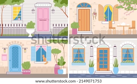 House entrance. Facade illustration, doors and windows in house brick walls. City and country houses exterior, cute street. Buildings, architecture decent banner