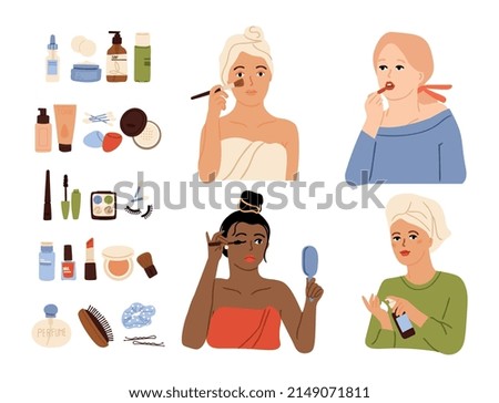 Female care. Makeup process, skin cares cosmetics and procedure. Cosmetology, beauty salon. Isolated diverse girls after bath doing make up set