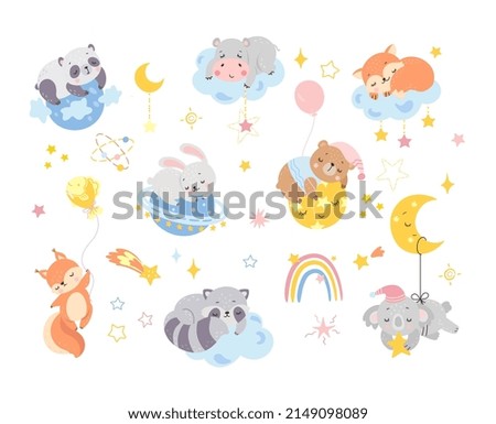 Cartoon animal sleep. Baby cute animals sleeping and hugging cloud moon planet. Wizard forest characters, child room funny decor. Night dream nowaday vector bundle