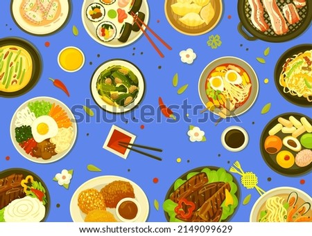 Top view korean meal. Barbecue asian or traditional buffet. Lunch soup, kimchi and bbq. Vegetarian and meat dishes, oriental food, neoteric vector background