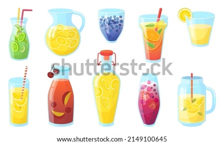 Summer fresh drinks. Tropical flavor juice, ice tea and citrus lemonade in bottle glasses or jar. Alcoholic fruit beach beverages, neoteric vector cartoon signs
