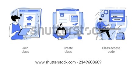 Online teaching features isolated cartoon vector illustrations set. Join virtual classroom, create class, teaching software interface, online class access code, distance training vector cartoon.