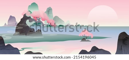 Lake and mountain landscape in Chinese style background. Japanese painting with hill, sakura trees, Chinese temple in watercolor texture. Oriental wallpaper in pink color design for wall art, print.