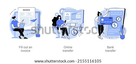 Remote payroll isolated cartoon vector illustrations set. Freelancer filling invoice, distance job payroll, money transfer online, remote work payment, get salary on bank account vector cartoon. Stockfoto © 