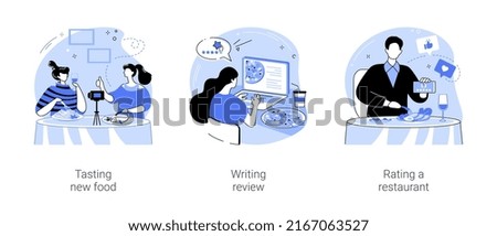 Food critic isolated cartoon vector illustrations set. Tasting new dish, restaurant critic reviewing food and drinks using laptop, food blogger rating cafe with stars, social media vector cartoon.