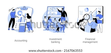 Master of Science in finance isolated cartoon vector illustrations set. Group of diverse people making business plan together, budget planning, study investment banking, management vector cartoon. Foto stock © 