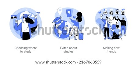 Study abroad isolated cartoon vector illustrations set. Choosing country, exited young person holding tickets, get scholarship, university exchange program, diverse students vector cartoon.