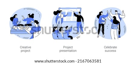 Students project isolated cartoon vector illustrations set. Creative project presentation, celebrating successful project defense, educational process, sharing idea, teamwork vector cartoon.