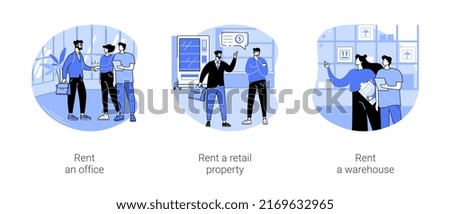 Renting commercial property isolated cartoon vector illustrations set. Diverse business partners rent an office, retail place for sale, broker showing a warehouse space to customer vector cartoon.