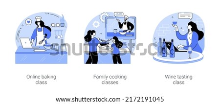 Online gastronomy classes isolated cartoon vector illustrations set. Cooking and nutrition, baking bread at home, kids and parents watch nutrition masterclass, wine tasting course vector cartoon.