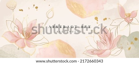 Floral de primavera en fondo vectorial de acuarela. Diseño de papel pintado de lujo con flores de loto, arte en línea, textura dorada. Elegante ilustración de flores de flores de flores de oro adecuado para tela, huellas, cubierta.