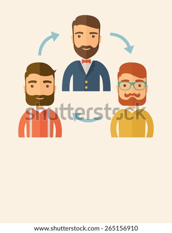 Three happy Caucasian employees with beard communicating and exchanging ideas each other for them to  come up a good marketing strategy before they will present it. Teamwork and gathering ideas